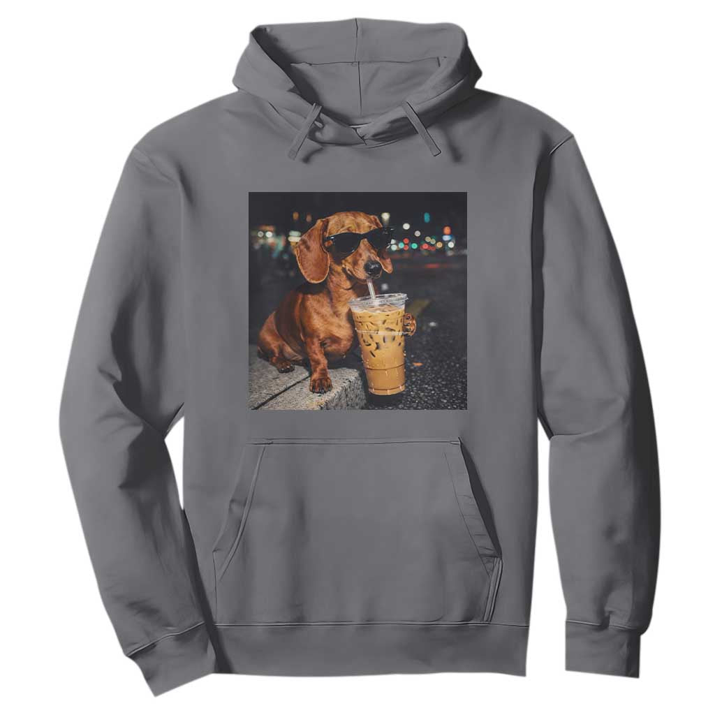 Cool Dachshund Drinking Iced Coffee Graphic Hoodie Funny Wiener Dog Night Vibes Aesthetic TS02 Charcoal Print Your Wear