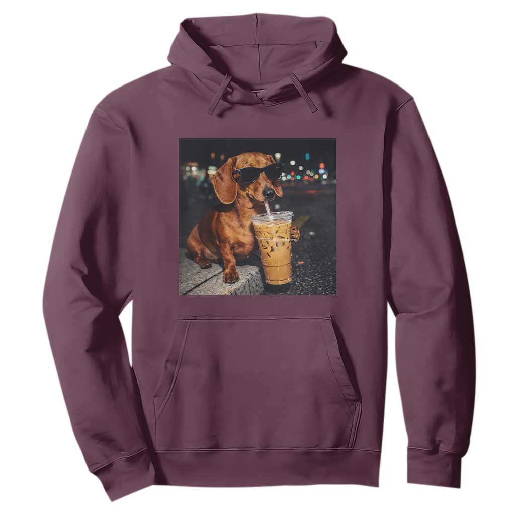 Cool Dachshund Drinking Iced Coffee Graphic Hoodie Funny Wiener Dog Night Vibes Aesthetic TS02 Maroon Print Your Wear