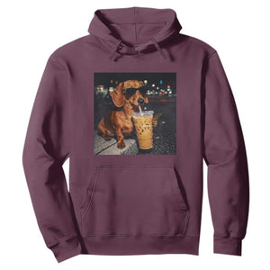 Cool Dachshund Drinking Iced Coffee Graphic Hoodie Funny Wiener Dog Night Vibes Aesthetic TS02 Maroon Print Your Wear