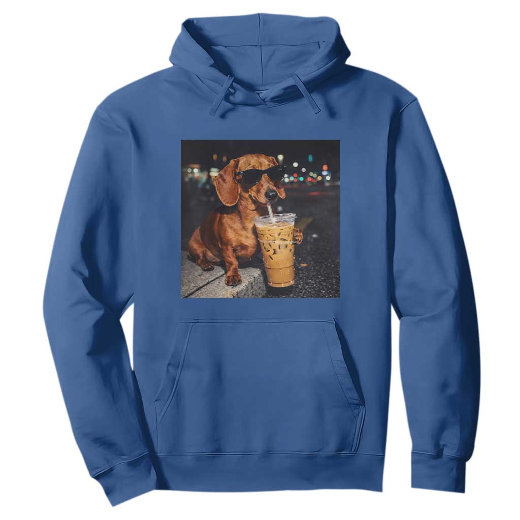 Cool Dachshund Drinking Iced Coffee Graphic Hoodie Funny Wiener Dog Night Vibes Aesthetic TS02 Royal Blue Print Your Wear