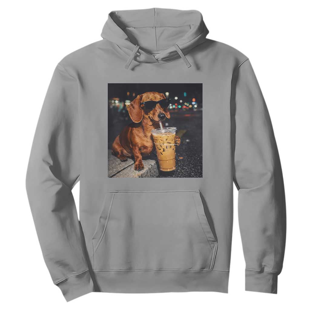 Cool Dachshund Drinking Iced Coffee Graphic Hoodie Funny Wiener Dog Night Vibes Aesthetic TS02 Sport Gray Print Your Wear