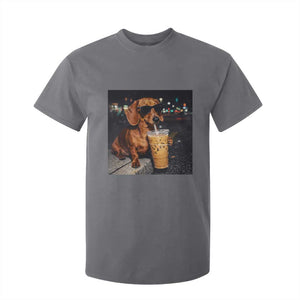 Cool Dachshund Drinking Iced Coffee Graphic T Shirt For Kid Funny Wiener Dog Night Vibes Aesthetic TS02 Charcoal Print Your Wear