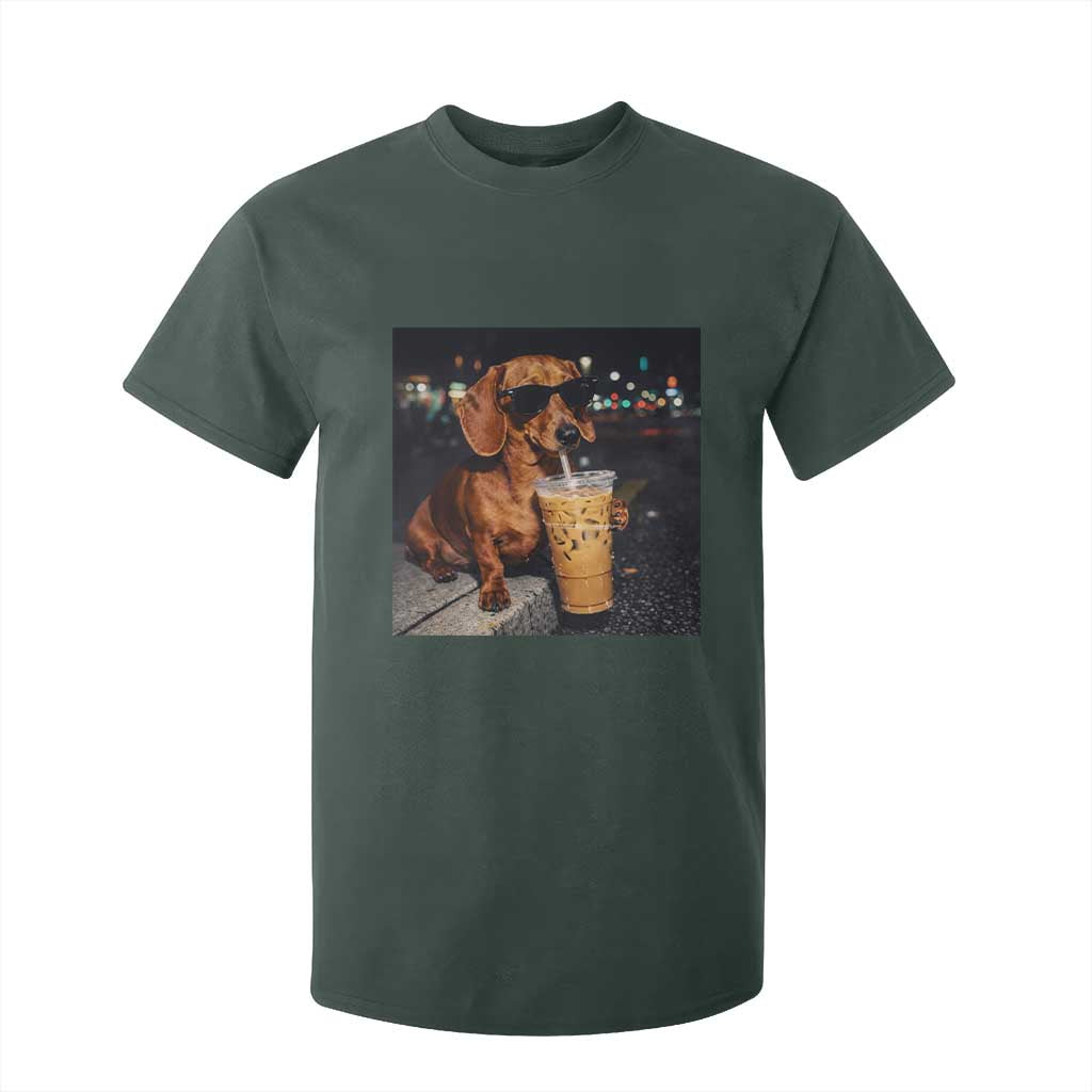 Cool Dachshund Drinking Iced Coffee Graphic T Shirt For Kid Funny Wiener Dog Night Vibes Aesthetic TS02 Dark Forest Green Print Your Wear