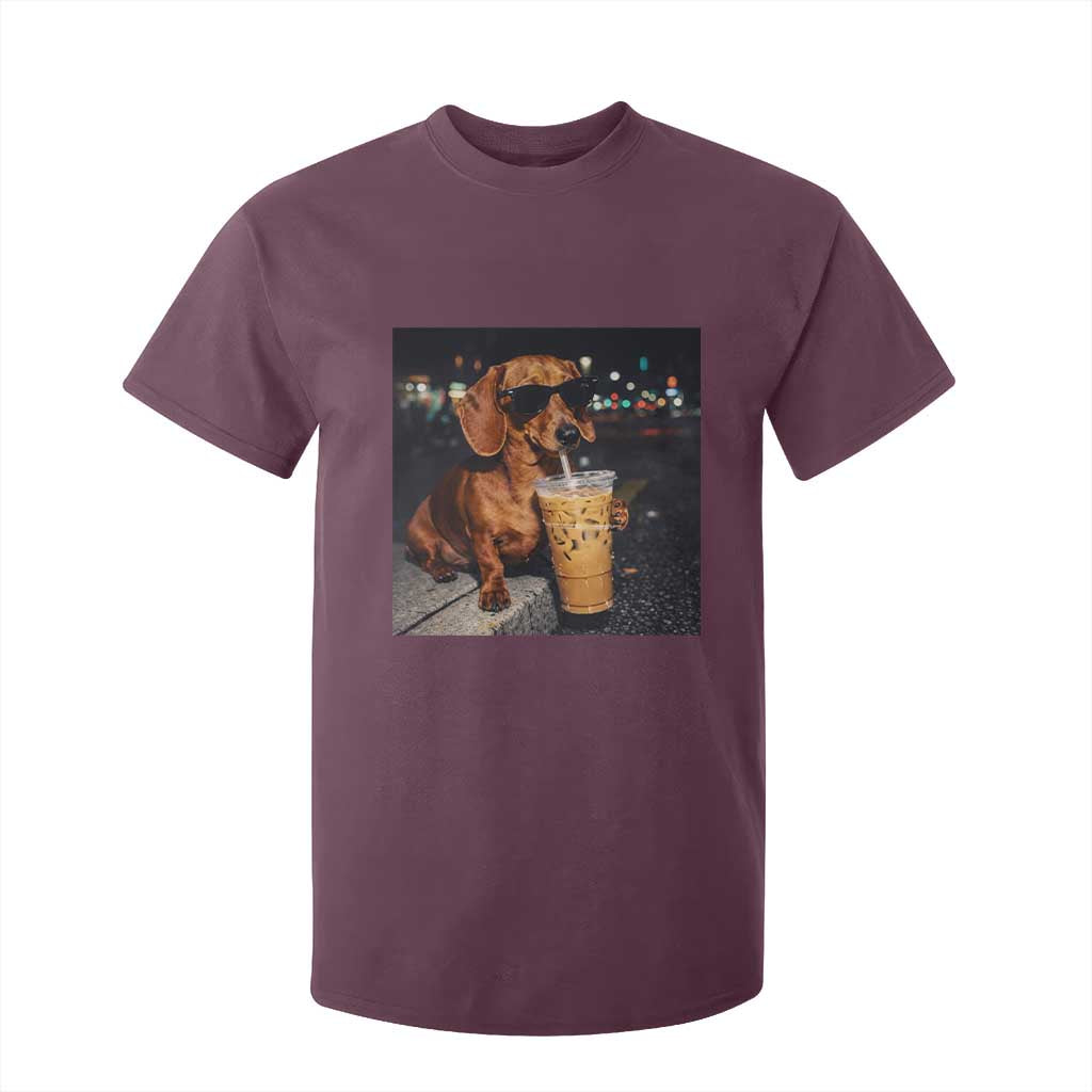 Cool Dachshund Drinking Iced Coffee Graphic T Shirt For Kid Funny Wiener Dog Night Vibes Aesthetic TS02 Maroon Print Your Wear