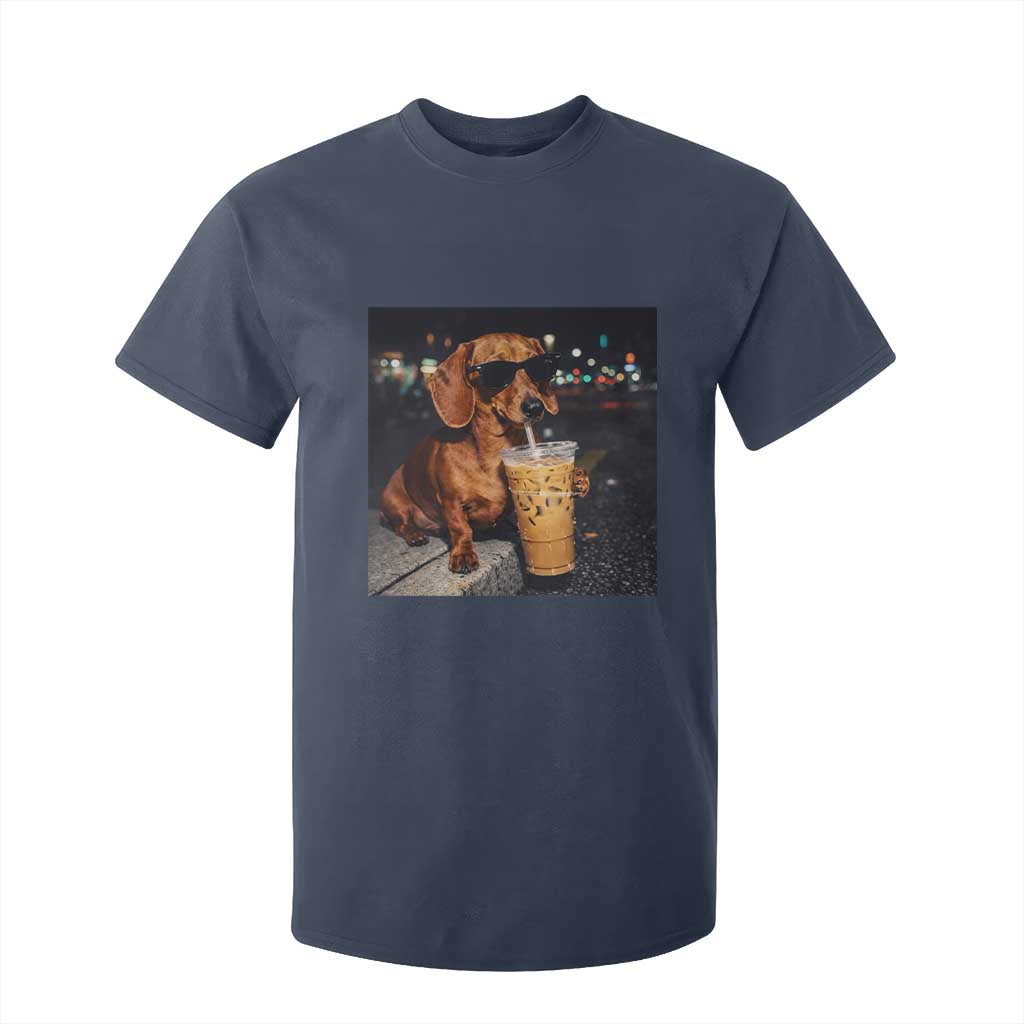 Cool Dachshund Drinking Iced Coffee Graphic T Shirt For Kid Funny Wiener Dog Night Vibes Aesthetic TS02 Navy Print Your Wear