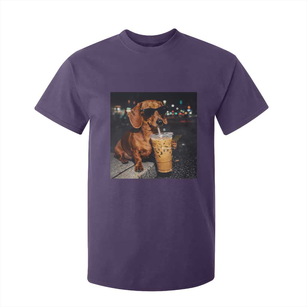 Cool Dachshund Drinking Iced Coffee Graphic T Shirt For Kid Funny Wiener Dog Night Vibes Aesthetic TS02 Purple Print Your Wear