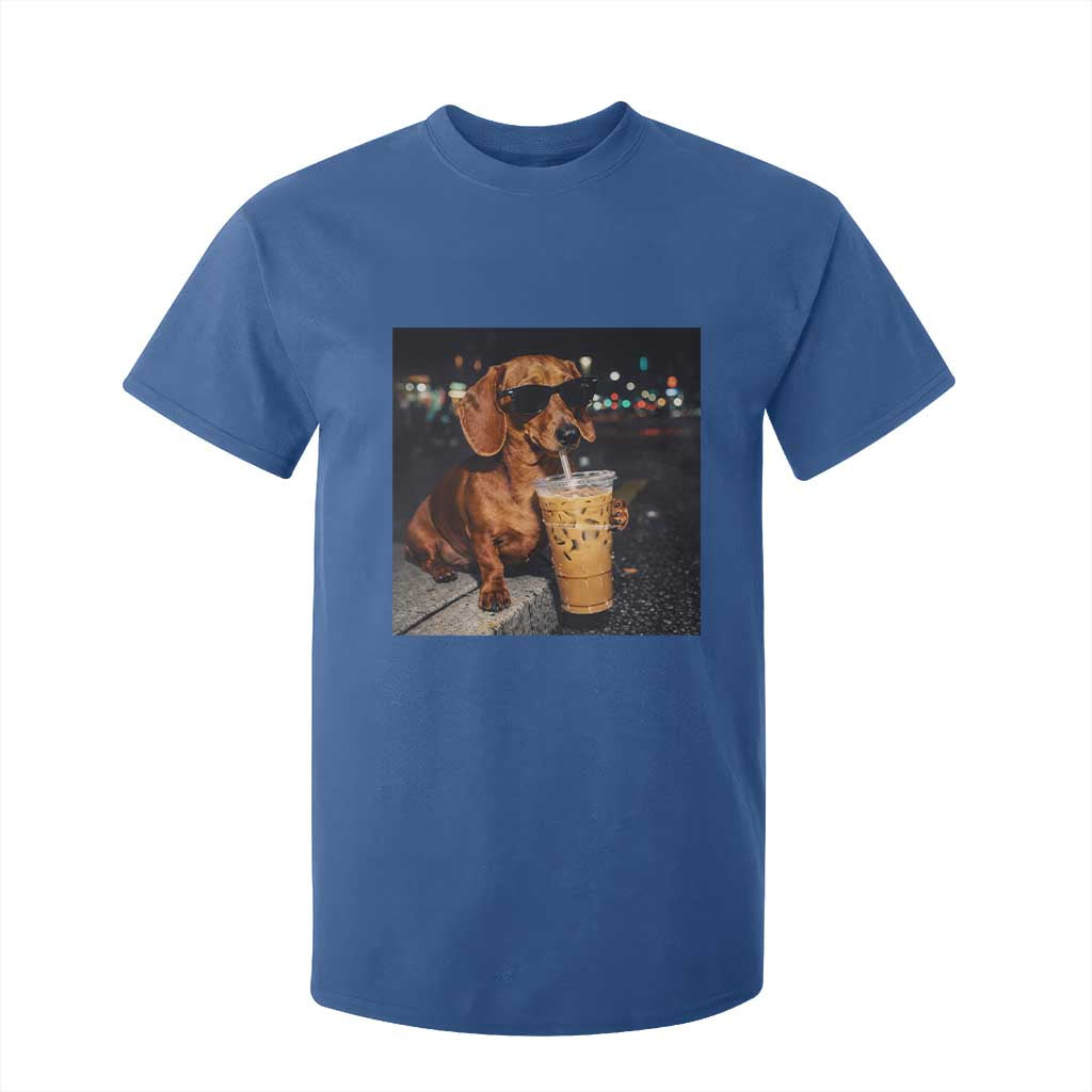 Cool Dachshund Drinking Iced Coffee Graphic T Shirt For Kid Funny Wiener Dog Night Vibes Aesthetic TS02 Royal Blue Print Your Wear