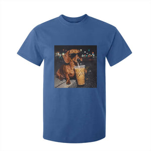 Cool Dachshund Drinking Iced Coffee Graphic T Shirt For Kid Funny Wiener Dog Night Vibes Aesthetic TS02 Royal Blue Print Your Wear