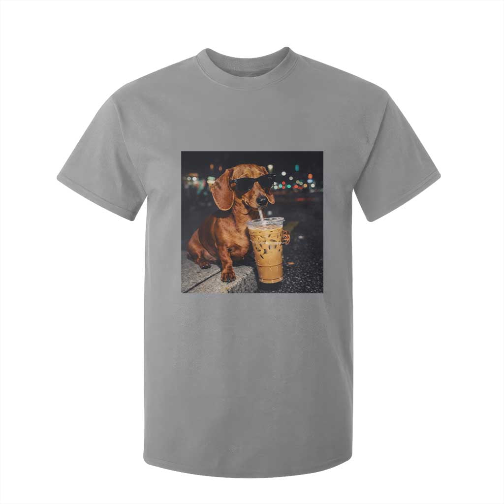Cool Dachshund Drinking Iced Coffee Graphic T Shirt For Kid Funny Wiener Dog Night Vibes Aesthetic TS02 Sport Gray Print Your Wear