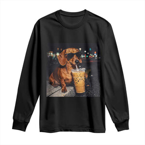 Cool Dachshund Drinking Iced Coffee Graphic Long Sleeve Shirt Funny Wiener Dog Night Vibes Aesthetic TS02 Black Print Your Wear