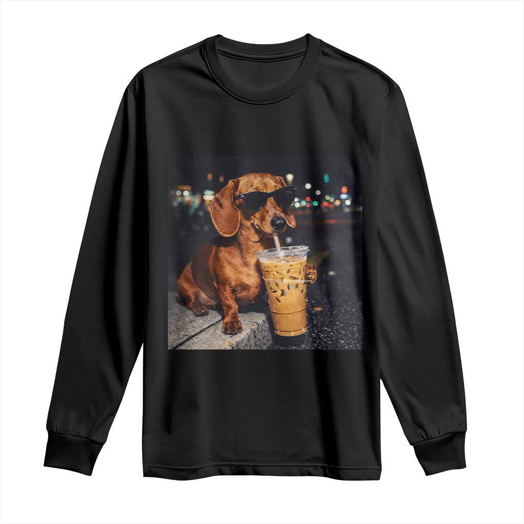 Cool Dachshund Drinking Iced Coffee Graphic Long Sleeve Shirt Funny Wiener Dog Night Vibes Aesthetic TS02 Black Print Your Wear