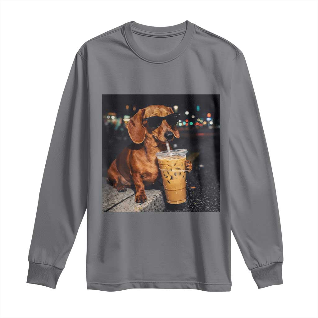 Cool Dachshund Drinking Iced Coffee Graphic Long Sleeve Shirt Funny Wiener Dog Night Vibes Aesthetic TS02 Charcoal Print Your Wear