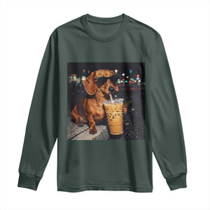 Cool Dachshund Drinking Iced Coffee Graphic Long Sleeve Shirt Funny Wiener Dog Night Vibes Aesthetic TS02 Dark Forest Green Print Your Wear