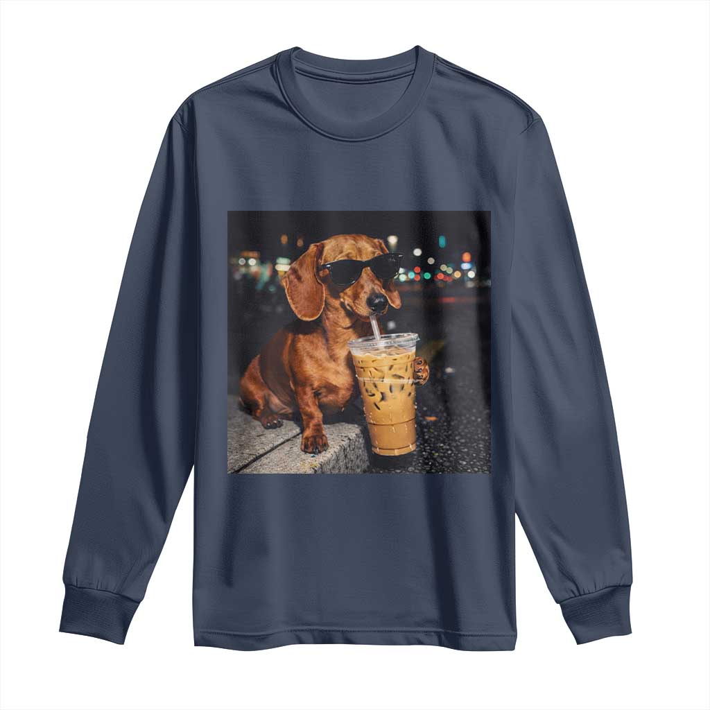 Cool Dachshund Drinking Iced Coffee Graphic Long Sleeve Shirt Funny Wiener Dog Night Vibes Aesthetic TS02 Navy Print Your Wear