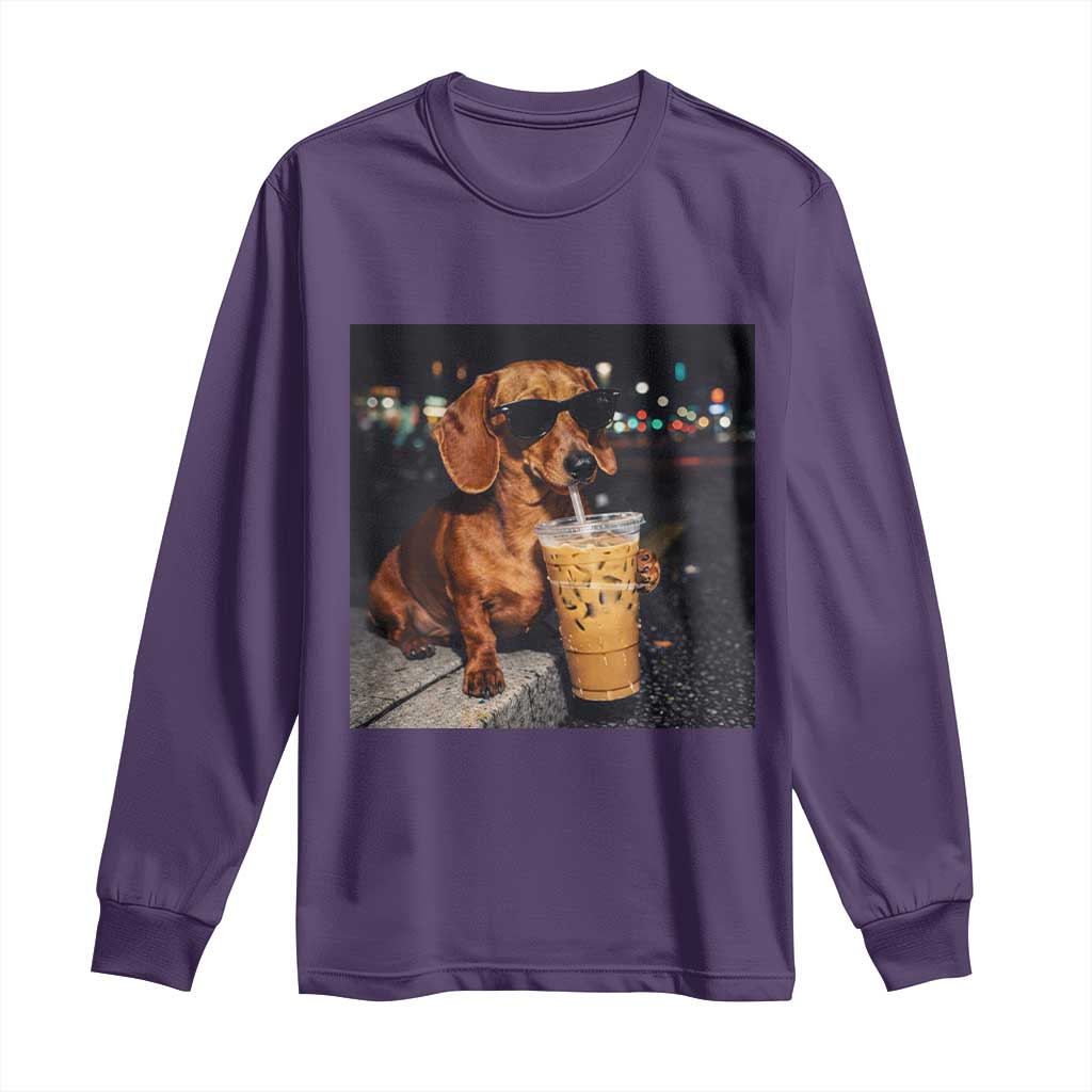 Cool Dachshund Drinking Iced Coffee Graphic Long Sleeve Shirt Funny Wiener Dog Night Vibes Aesthetic TS02 Purple Print Your Wear