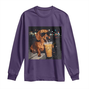 Cool Dachshund Drinking Iced Coffee Graphic Long Sleeve Shirt Funny Wiener Dog Night Vibes Aesthetic TS02 Purple Print Your Wear