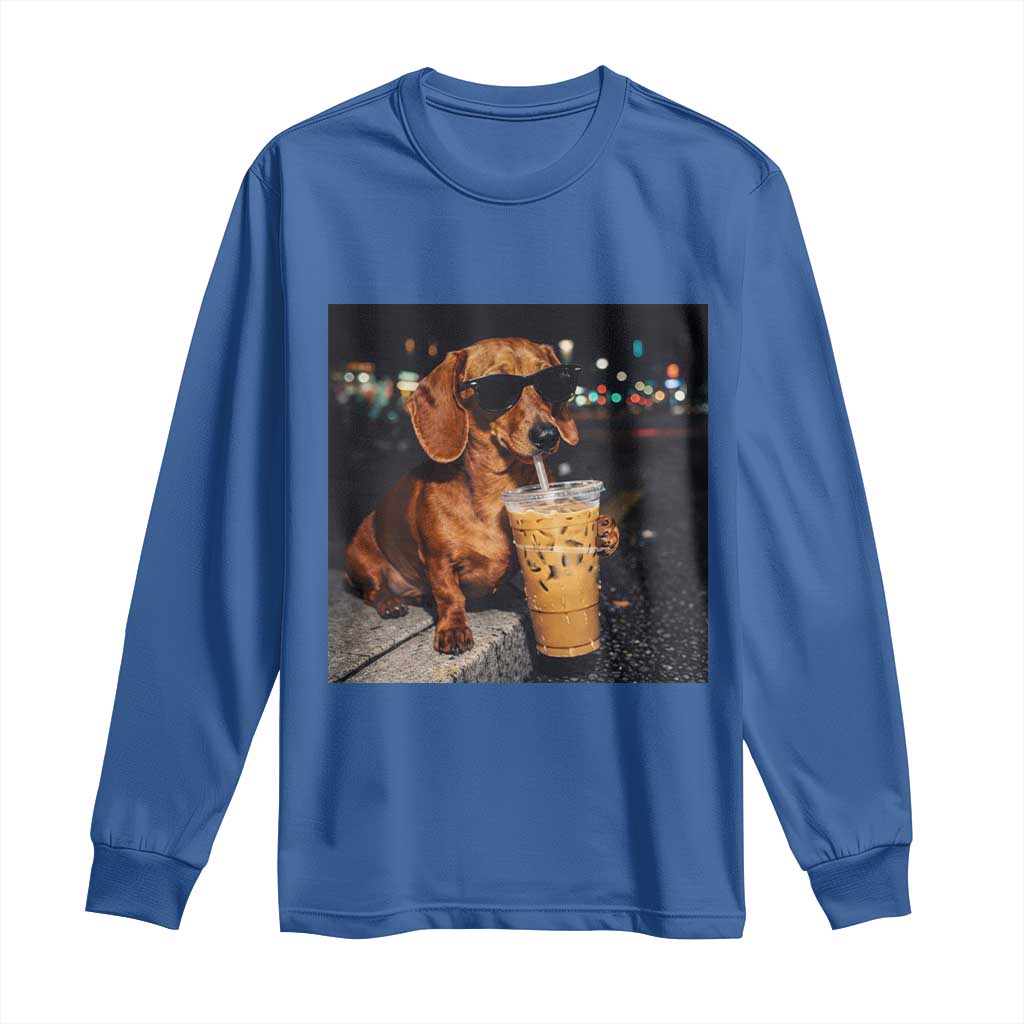 Cool Dachshund Drinking Iced Coffee Graphic Long Sleeve Shirt Funny Wiener Dog Night Vibes Aesthetic TS02 Royal Blue Print Your Wear
