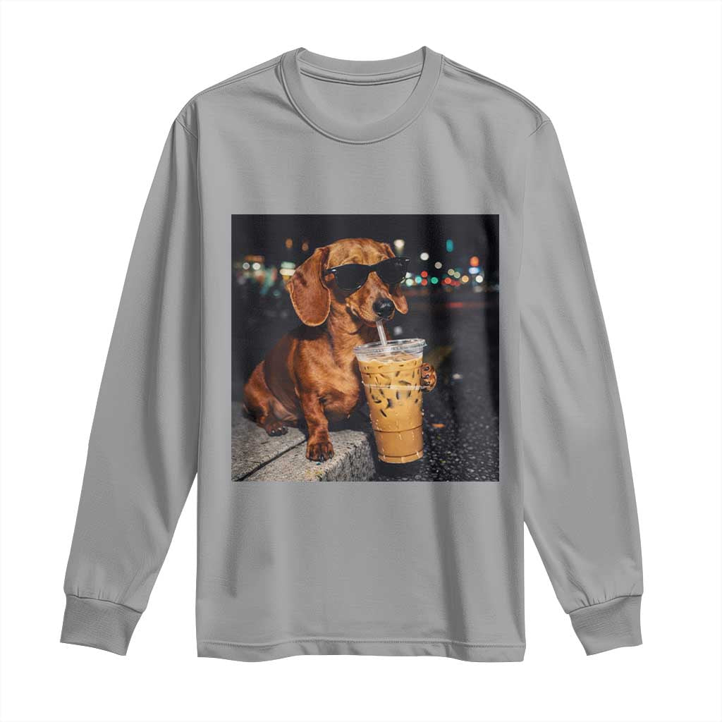 Cool Dachshund Drinking Iced Coffee Graphic Long Sleeve Shirt Funny Wiener Dog Night Vibes Aesthetic TS02 Sport Gray Print Your Wear