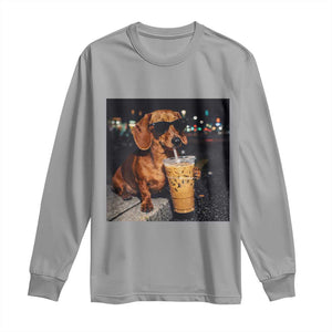 Cool Dachshund Drinking Iced Coffee Graphic Long Sleeve Shirt Funny Wiener Dog Night Vibes Aesthetic TS02 Sport Gray Print Your Wear