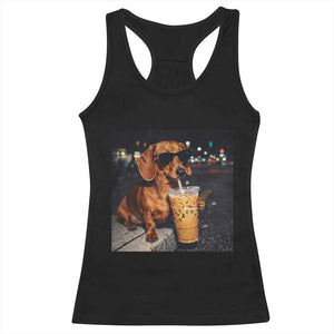 Cool Dachshund Drinking Iced Coffee Graphic Racerback Tank Top Funny Wiener Dog Night Vibes Aesthetic TS02 Black Print Your Wear