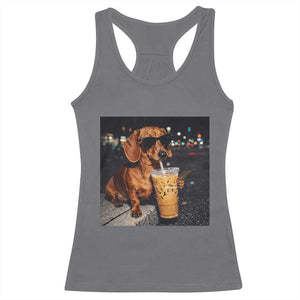 Cool Dachshund Drinking Iced Coffee Graphic Racerback Tank Top Funny Wiener Dog Night Vibes Aesthetic TS02 Charcoal Print Your Wear