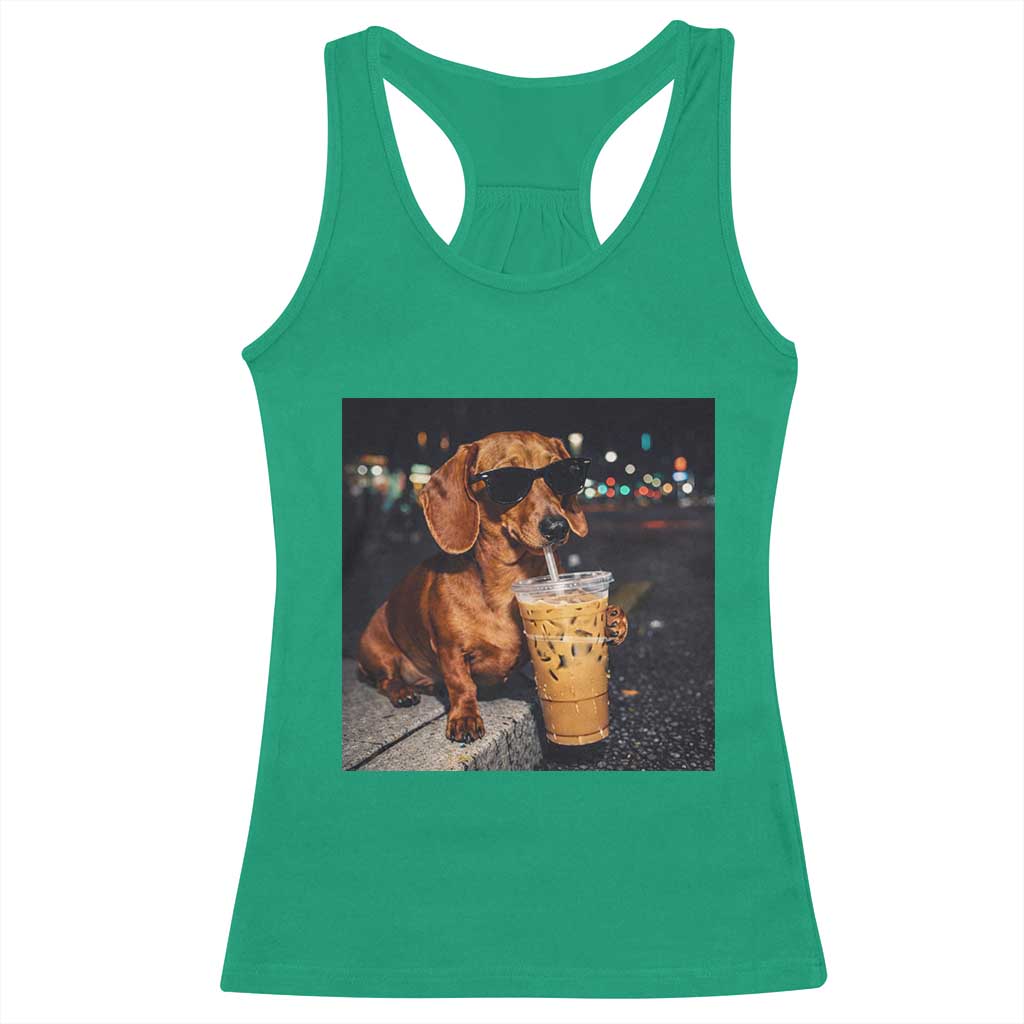 Cool Dachshund Drinking Iced Coffee Graphic Racerback Tank Top Funny Wiener Dog Night Vibes Aesthetic TS02 Irish Green Print Your Wear