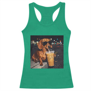 Cool Dachshund Drinking Iced Coffee Graphic Racerback Tank Top Funny Wiener Dog Night Vibes Aesthetic TS02 Irish Green Print Your Wear