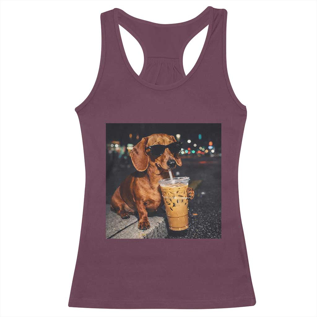 Cool Dachshund Drinking Iced Coffee Graphic Racerback Tank Top Funny Wiener Dog Night Vibes Aesthetic TS02 Maroon Print Your Wear
