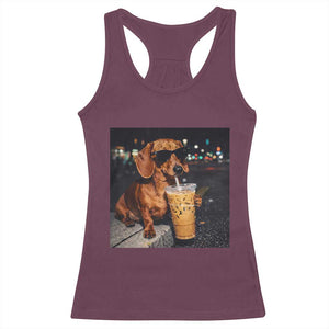 Cool Dachshund Drinking Iced Coffee Graphic Racerback Tank Top Funny Wiener Dog Night Vibes Aesthetic TS02 Maroon Print Your Wear