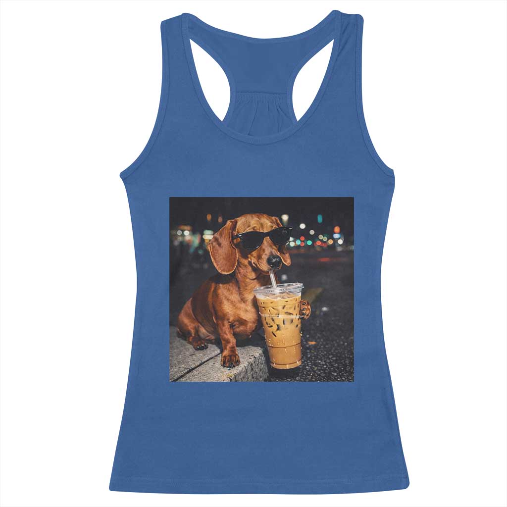 Cool Dachshund Drinking Iced Coffee Graphic Racerback Tank Top Funny Wiener Dog Night Vibes Aesthetic TS02 Royal Blue Print Your Wear