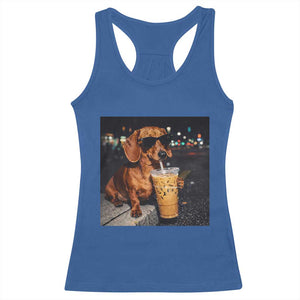 Cool Dachshund Drinking Iced Coffee Graphic Racerback Tank Top Funny Wiener Dog Night Vibes Aesthetic TS02 Royal Blue Print Your Wear