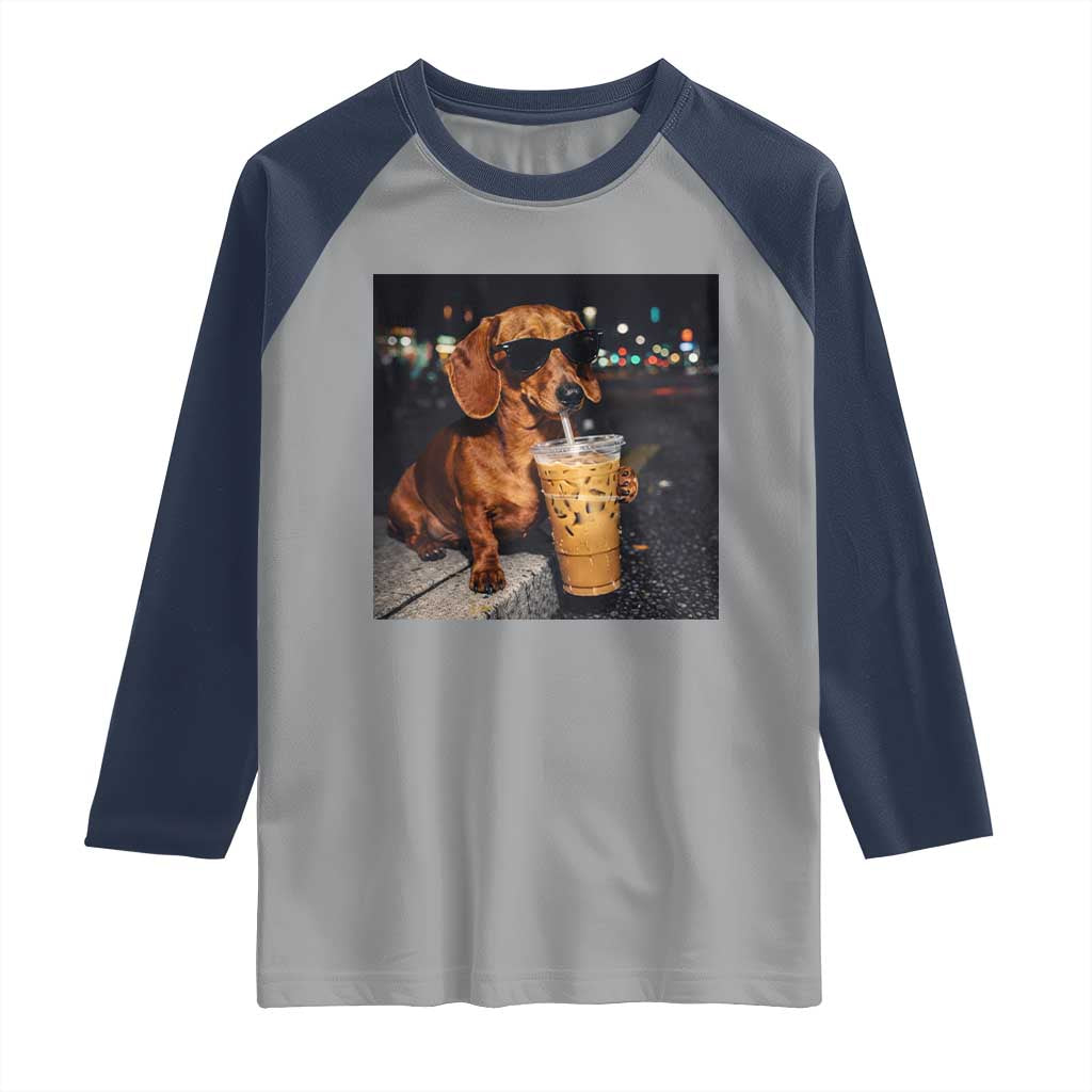Cool Dachshund Drinking Iced Coffee Graphic Raglan Shirt Funny Wiener Dog Night Vibes Aesthetic TS02 Sport Gray Navy Print Your Wear