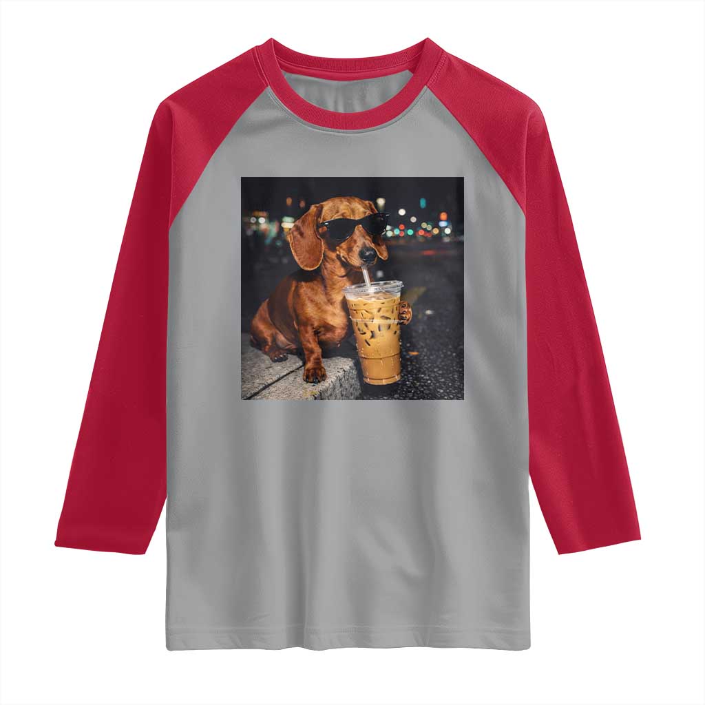 Cool Dachshund Drinking Iced Coffee Graphic Raglan Shirt Funny Wiener Dog Night Vibes Aesthetic TS02 Sport Gray Red Print Your Wear
