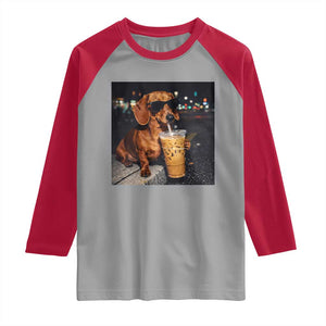 Cool Dachshund Drinking Iced Coffee Graphic Raglan Shirt Funny Wiener Dog Night Vibes Aesthetic TS02 Sport Gray Red Print Your Wear