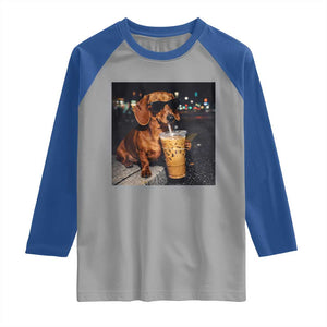 Cool Dachshund Drinking Iced Coffee Graphic Raglan Shirt Funny Wiener Dog Night Vibes Aesthetic TS02 Sport Gray Royal Print Your Wear