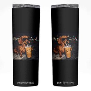 Cool Dachshund Drinking Iced Coffee Graphic Skinny Tumbler Funny Wiener Dog Night Vibes Aesthetic TS02 Black Print Your Wear