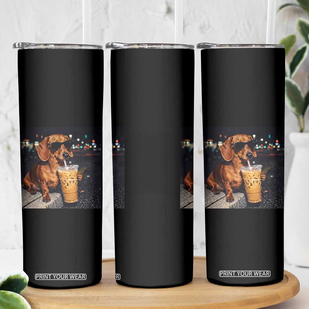 Cool Dachshund Drinking Iced Coffee Graphic Skinny Tumbler Funny Wiener Dog Night Vibes Aesthetic TS02 Print Your Wear