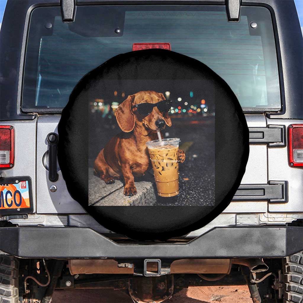Cool Dachshund Drinking Iced Coffee Graphic Spare Tire Cover Funny Wiener Dog Night Vibes Aesthetic TS02 No hole Black Print Your Wear