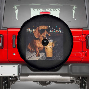 Cool Dachshund Drinking Iced Coffee Graphic Spare Tire Cover Funny Wiener Dog Night Vibes Aesthetic TS02 Black Print Your Wear