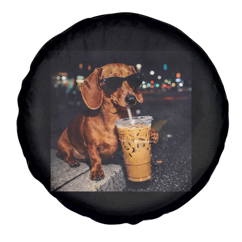 Cool Dachshund Drinking Iced Coffee Graphic Spare Tire Cover Funny Wiener Dog Night Vibes Aesthetic TS02 Print Your Wear