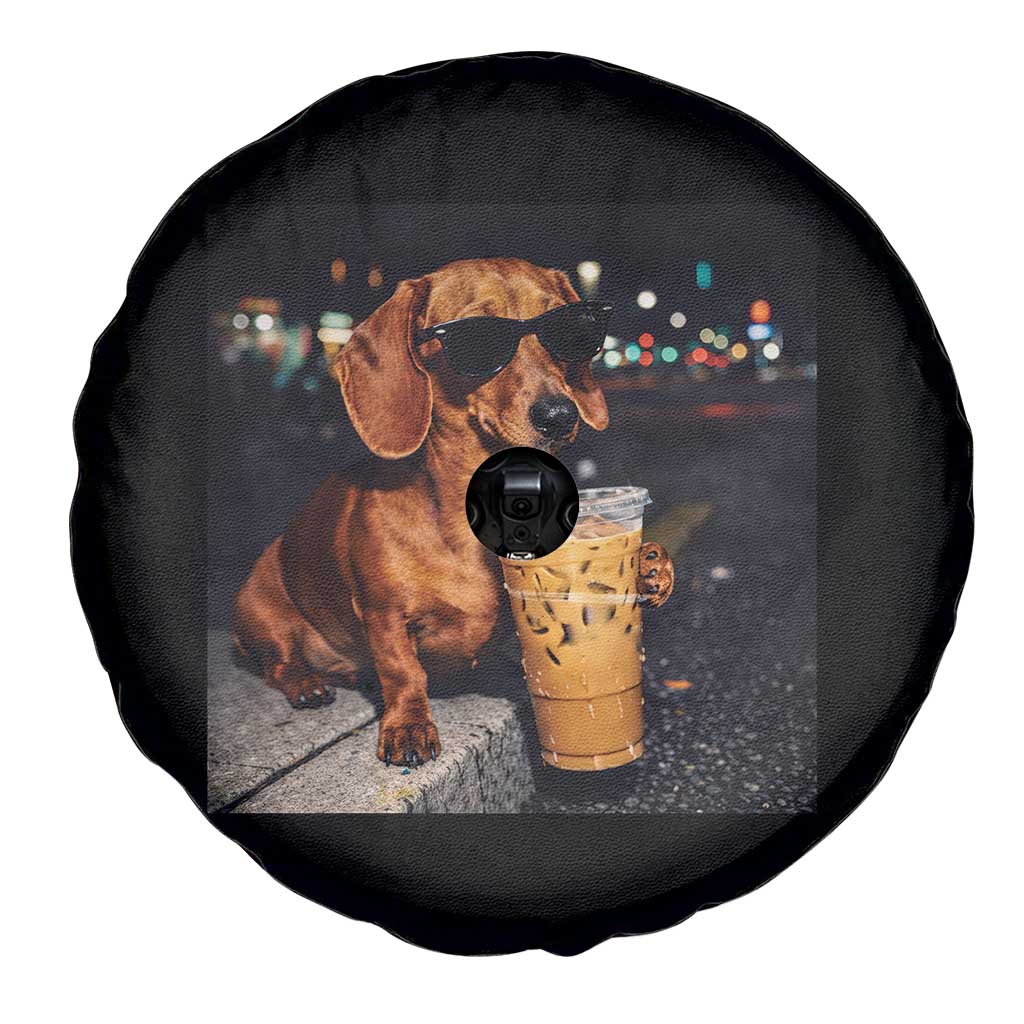 Cool Dachshund Drinking Iced Coffee Graphic Spare Tire Cover Funny Wiener Dog Night Vibes Aesthetic TS02 Print Your Wear