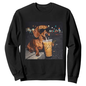 Cool Dachshund Drinking Iced Coffee Graphic Sweatshirt Funny Wiener Dog Night Vibes Aesthetic TS02 Black Print Your Wear