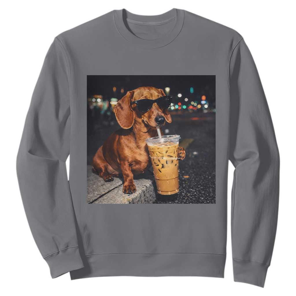 Cool Dachshund Drinking Iced Coffee Graphic Sweatshirt Funny Wiener Dog Night Vibes Aesthetic TS02 Charcoal Print Your Wear