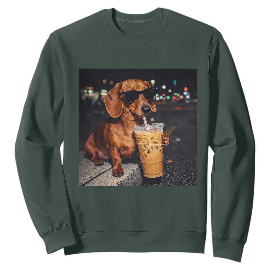 Cool Dachshund Drinking Iced Coffee Graphic Sweatshirt Funny Wiener Dog Night Vibes Aesthetic TS02 Dark Forest Green Print Your Wear