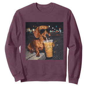 Cool Dachshund Drinking Iced Coffee Graphic Sweatshirt Funny Wiener Dog Night Vibes Aesthetic TS02 Maroon Print Your Wear