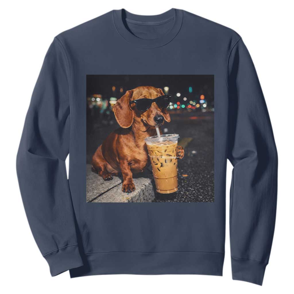 Cool Dachshund Drinking Iced Coffee Graphic Sweatshirt Funny Wiener Dog Night Vibes Aesthetic TS02 Navy Print Your Wear
