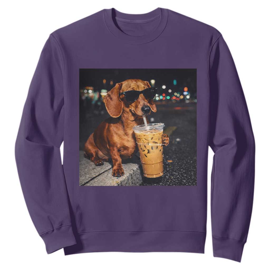 Cool Dachshund Drinking Iced Coffee Graphic Sweatshirt Funny Wiener Dog Night Vibes Aesthetic TS02 Purple Print Your Wear