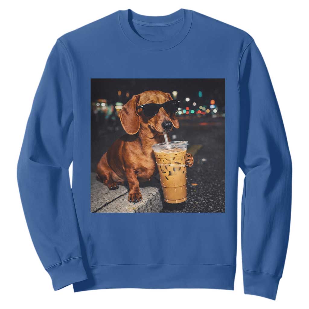 Cool Dachshund Drinking Iced Coffee Graphic Sweatshirt Funny Wiener Dog Night Vibes Aesthetic TS02 Royal Blue Print Your Wear