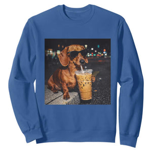 Cool Dachshund Drinking Iced Coffee Graphic Sweatshirt Funny Wiener Dog Night Vibes Aesthetic TS02 Royal Blue Print Your Wear