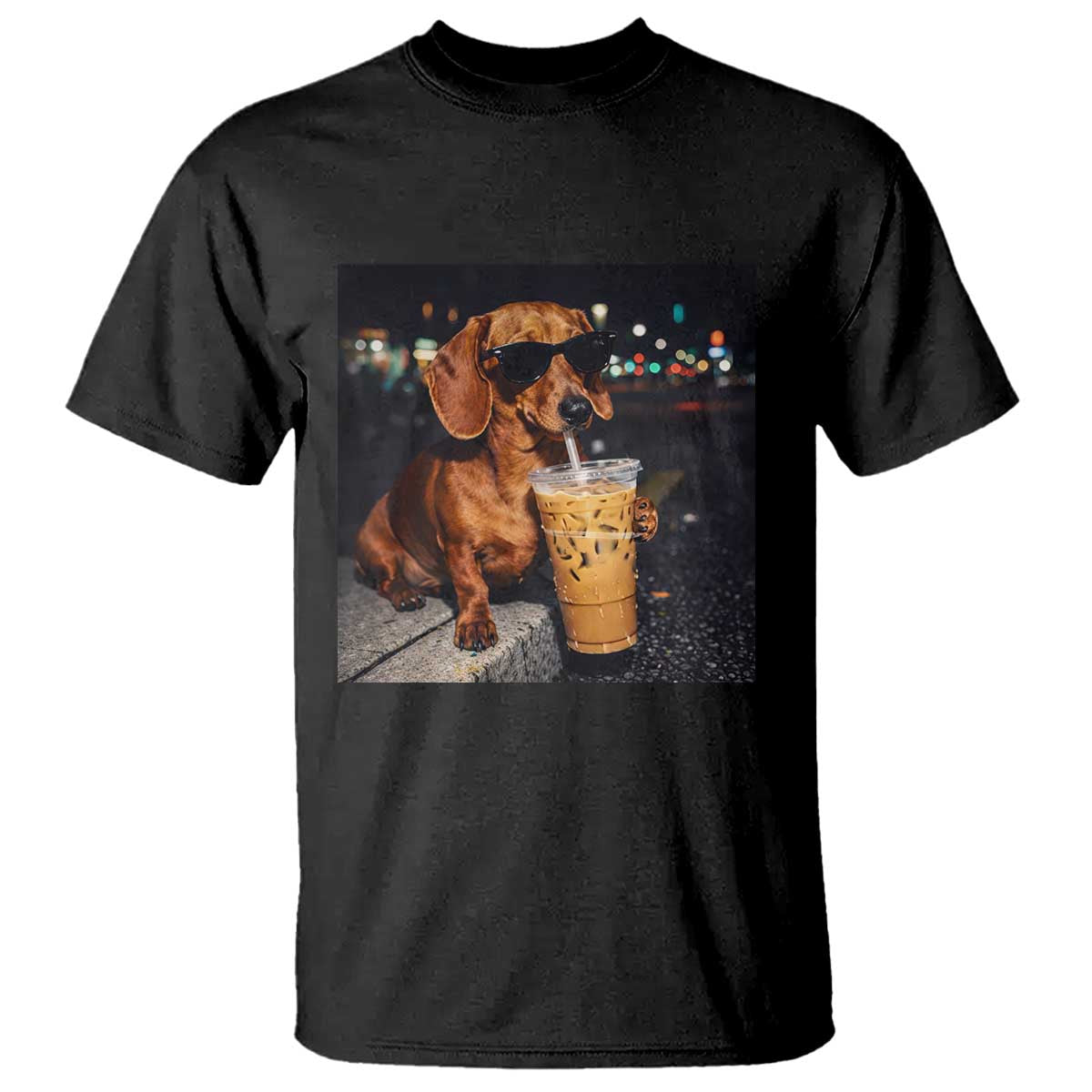 Cool Dachshund Drinking Iced Coffee Graphic T Shirt Funny Wiener Dog Night Vibes Aesthetic TS02 Black Print Your Wear